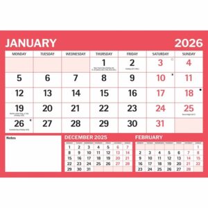 Red & Black Basic A4 Large Print Calendar 2026