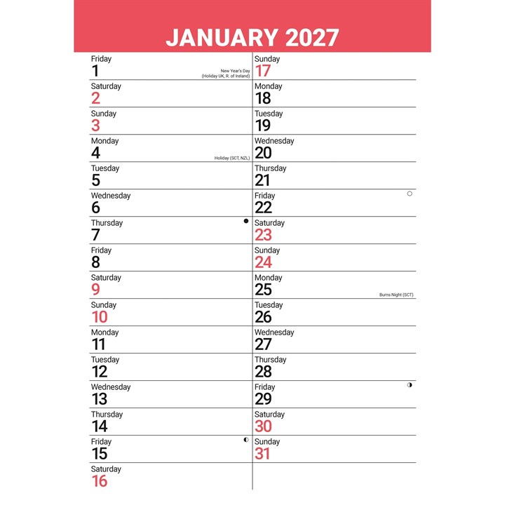 Red & Black Basic A3 Calendar 2027